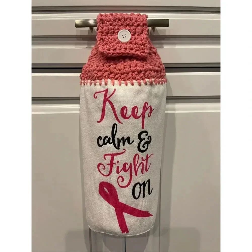 Crochet Top Kitchen Towel- Breast Cancer Awareness Keep Calm And Fight On